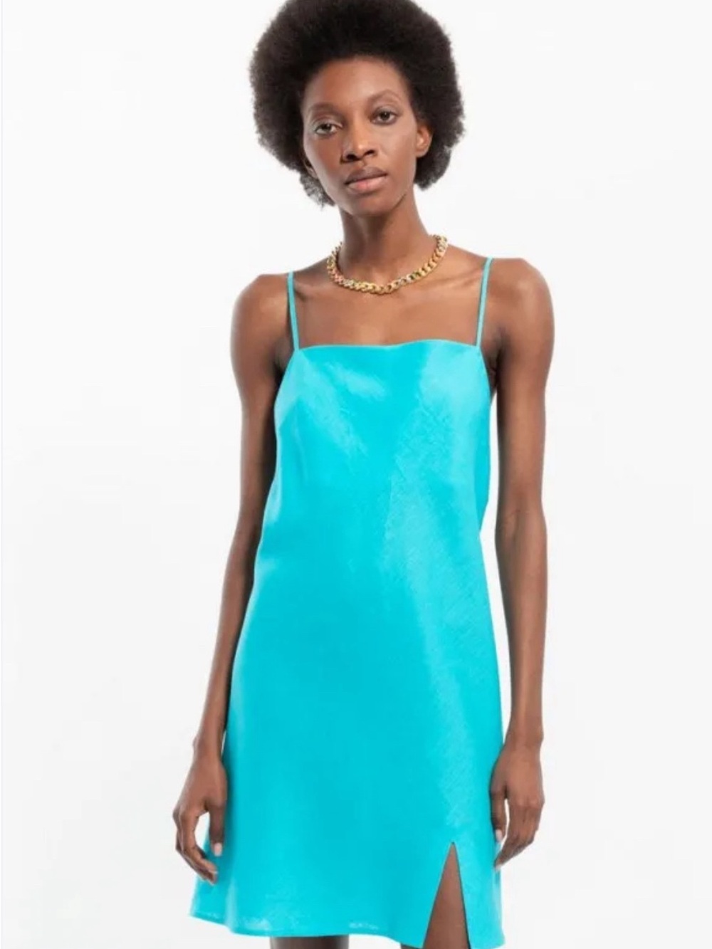 LIME 100% Linen Turquoise Slip Dress | NWT Minimalist Mini Dress Women’s Medium
